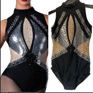 Glamour solo dance costume silver black rhinestoned embellished bling SA adult